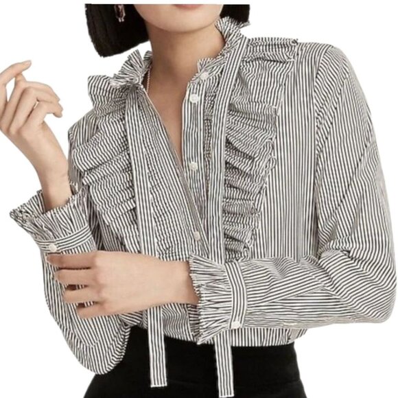 J. Crew Womens 0 Ruffle Classic Fit Washed Cotton Poplin Shirt in Stipe - Picture 1 of 13